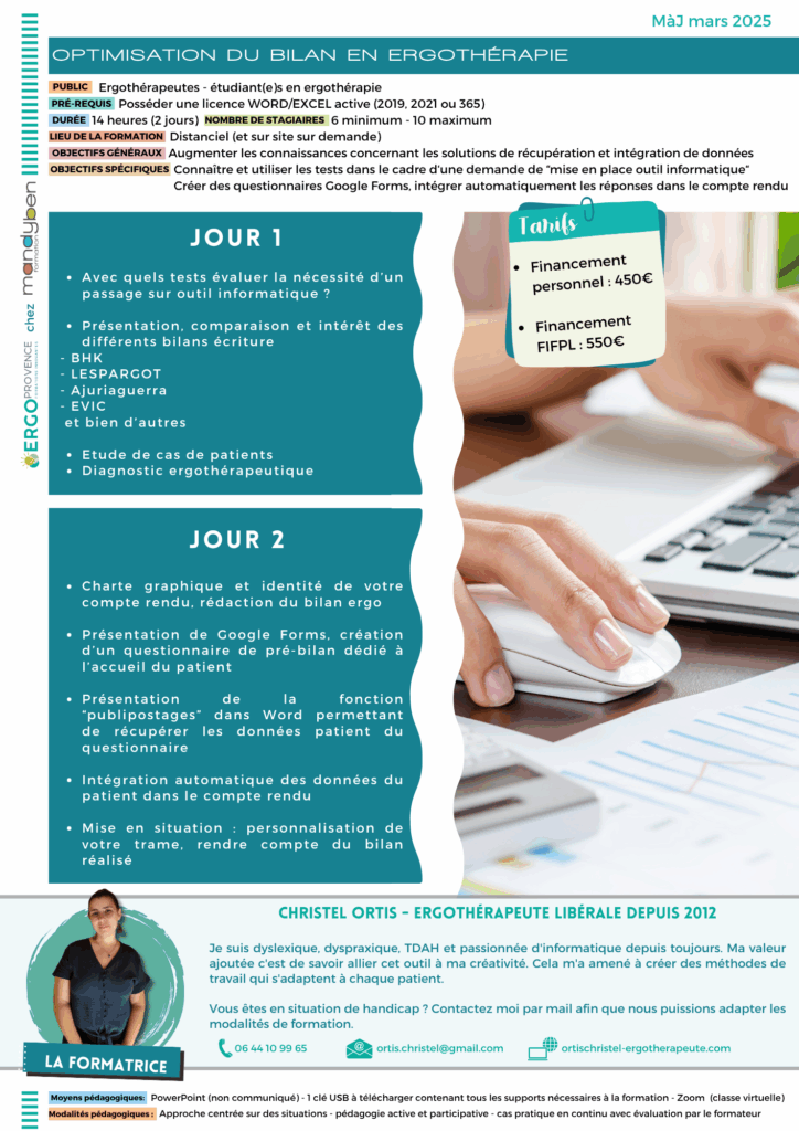 Programme formation optimisation du bilan en ergothérapie - Formations numériques en ergothérapie