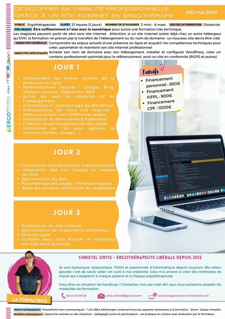 Programme formation Développer sa visibilité professionnelle grâce à un site internet en ergothérapie